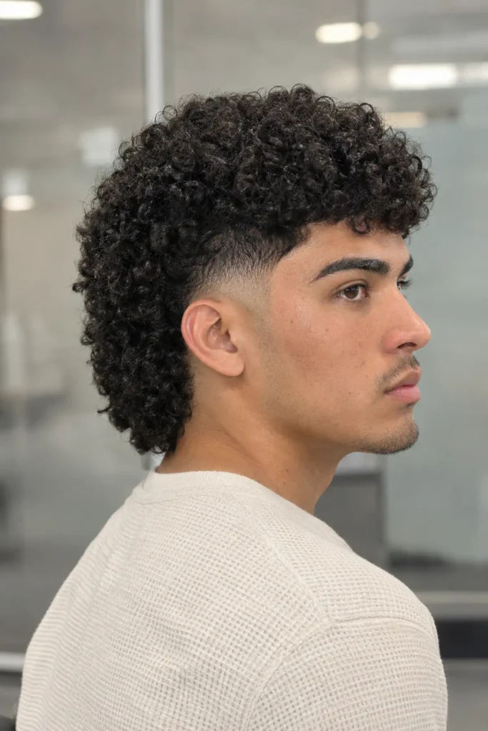 Coily burst fade mullet for men with tightly coiled hair and a clean curved fade around the ears