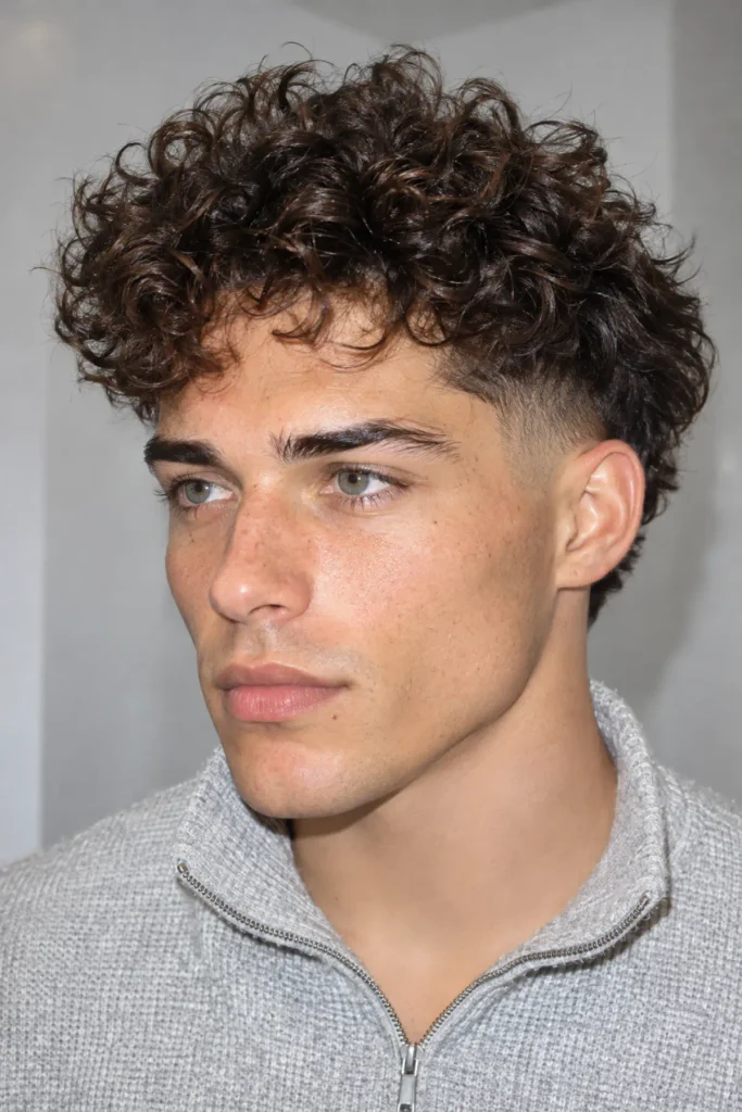 Man with a voluminous curly blowout and mid burst fade, showing airy lifted curls on top and smoothly faded sides.