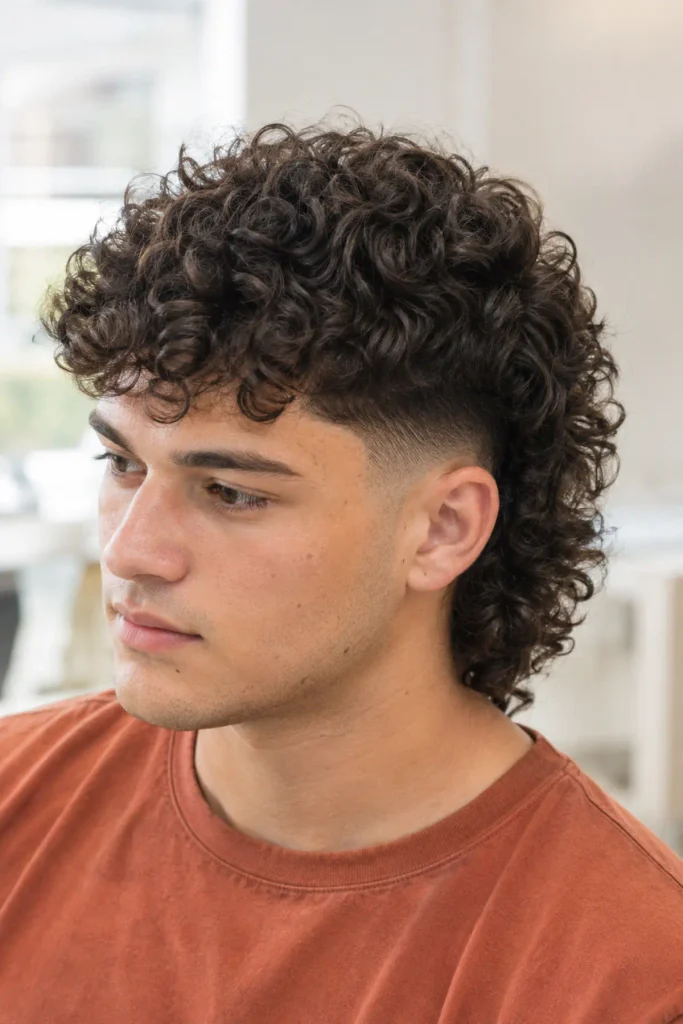 Curly burst fade mullet for men with defined natural curls and a rounded longer back