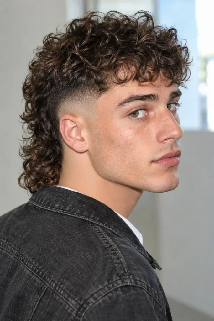 Man with a curly burst fade mullet, featuring short faded sides around the ears, textured curls on top, and a longer curly nape.