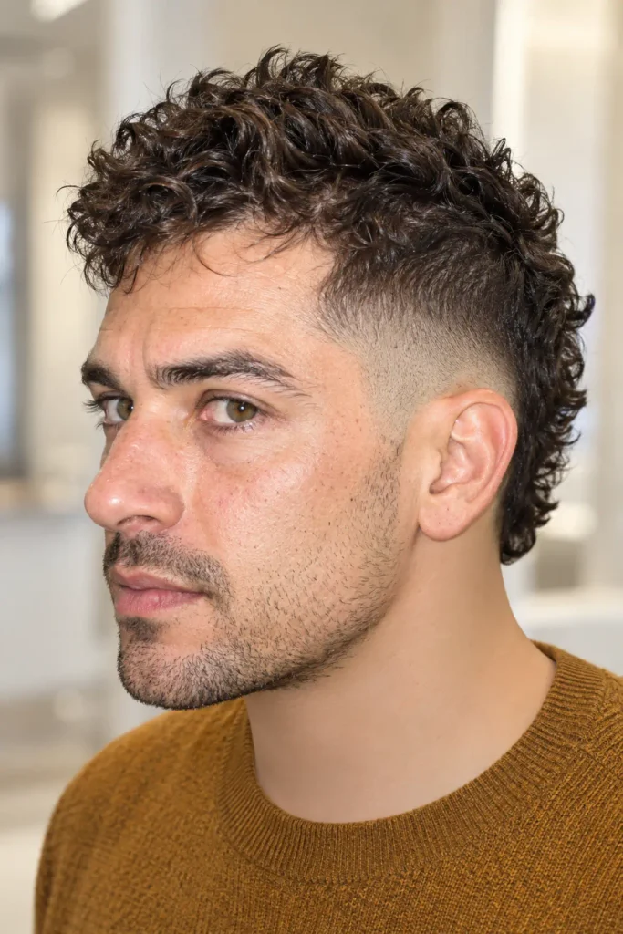Man with a curly faux hawk and mid burst fade, featuring a raised central ridge of curls and longer blended sides.