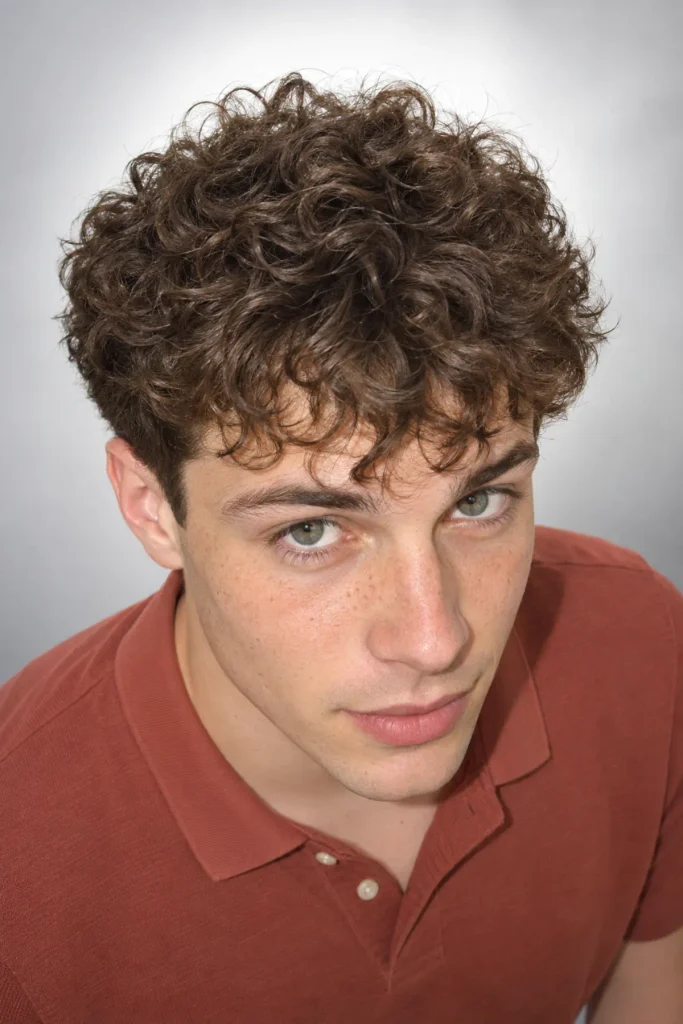 Curly fluffy fringe haircut for men