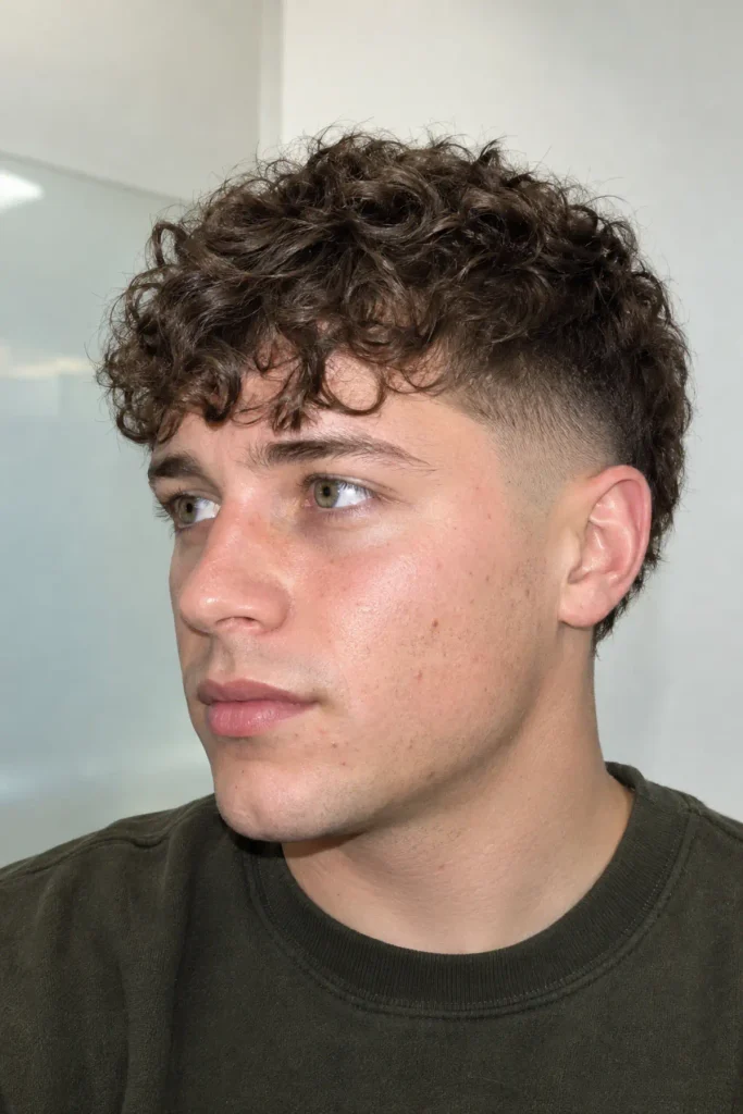 Man with a curly French crop and burst fade, featuring a short forward fringe, textured curls, and neatly faded sides.