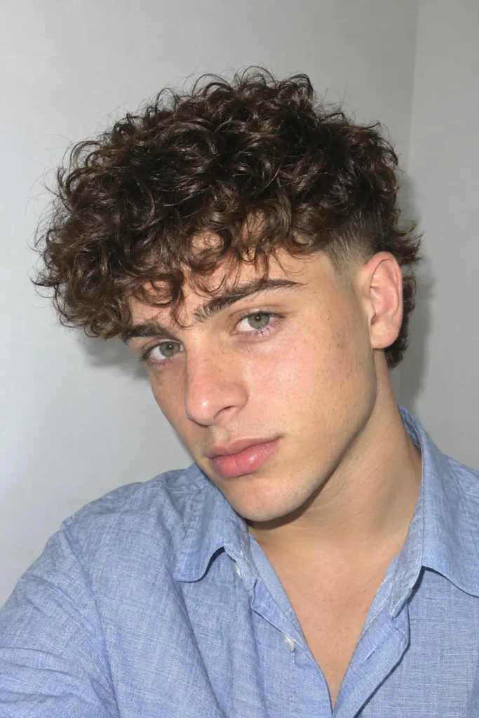 Man with a curly fringe falling over the forehead and a mid burst fade, combining forward-styled curls with clean sides.