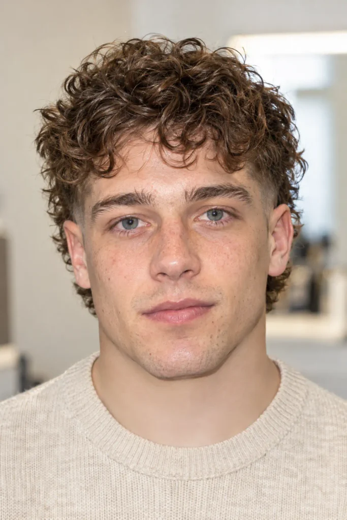 Man with layered curly hair and a mid burst fade, featuring bouncy textured layers on top and at the back with clean sides.