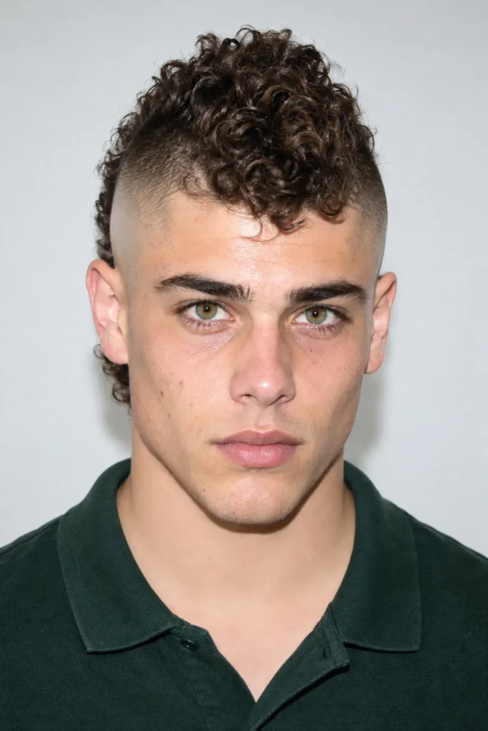 Man with a curly mohawk and high burst fade, featuring a defined strip of tight curls down the center and closely shaved sides.