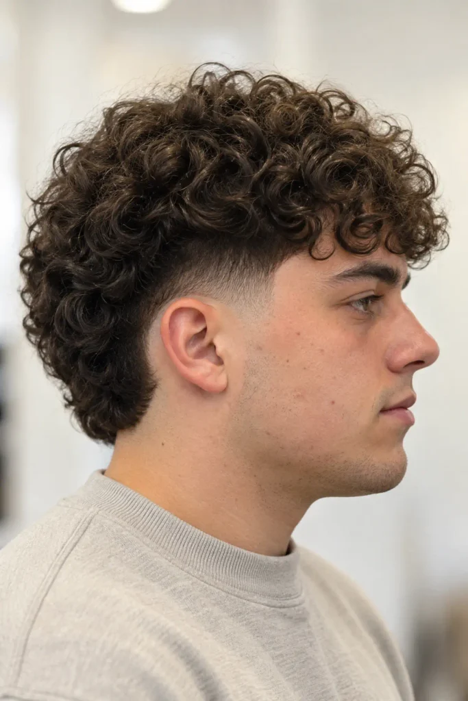 Curly pageboy haircut for men with a rounded top and burst fade