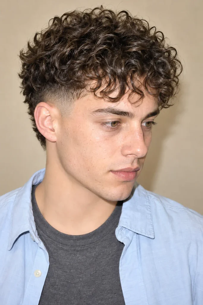 Man with a curly perm and mid burst fade, featuring bouncy defined curls on top and clean tapered sides around the ears.