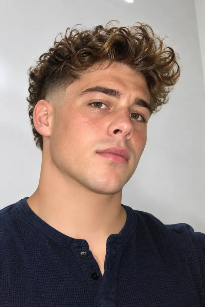 Man with a voluminous curly quiff and mid burst fade, featuring lifted curls at the front and a clean curved fade around the ears.