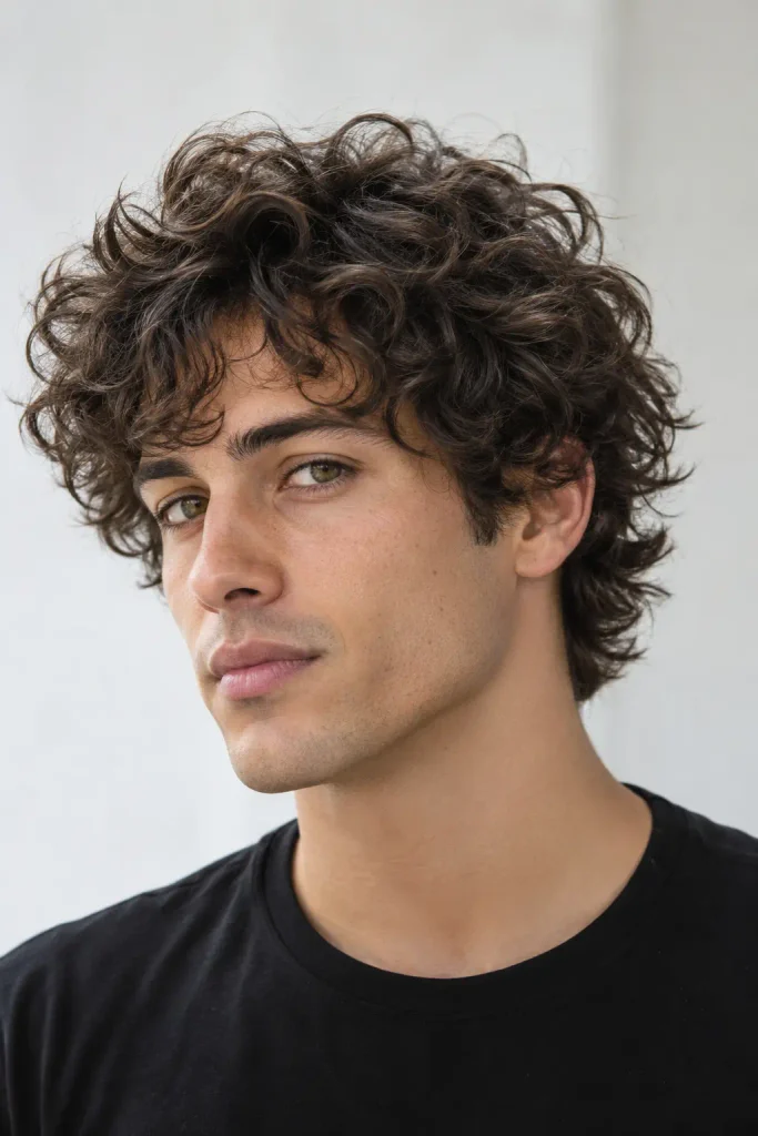 Men's curly shag haircut with rounded layers, defined curls, and natural crown volume
