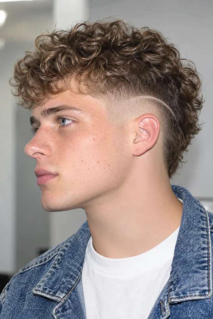 Man with natural curly hair, a mid burst fade, and a precise curved shaved line design above the ear.