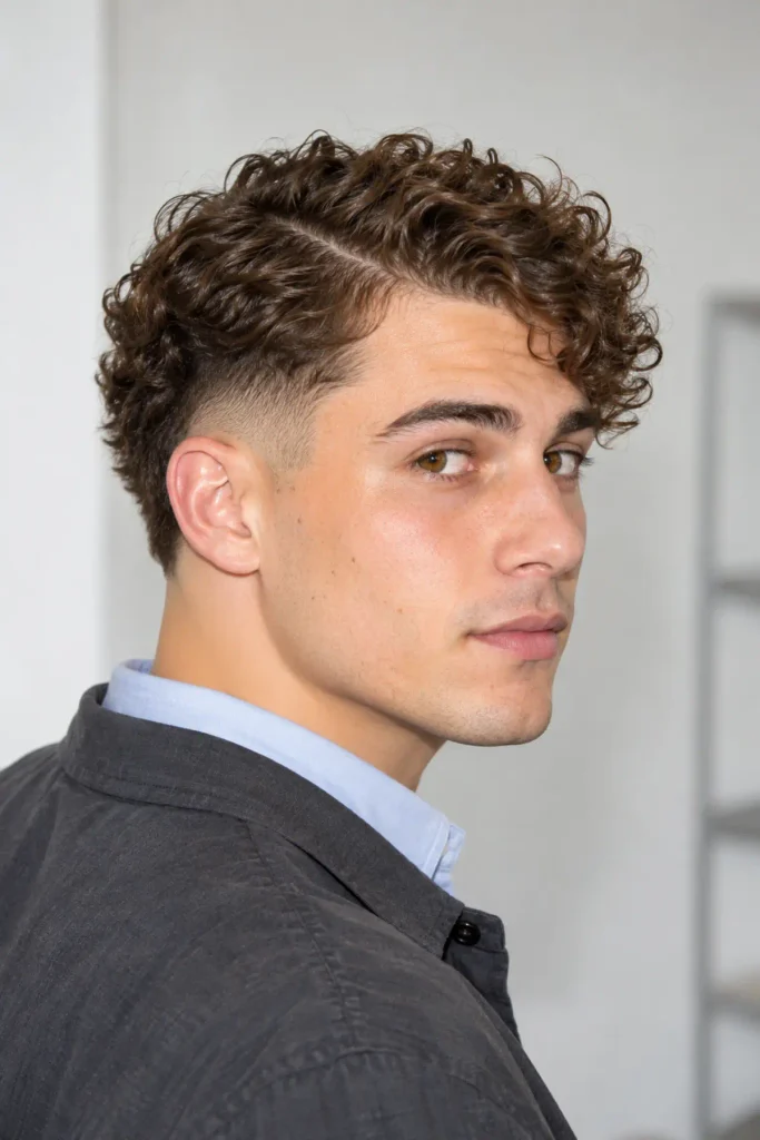 Man with a side-parted curly top and mid burst fade haircut, styled with defined curls and a neat professional finish.
