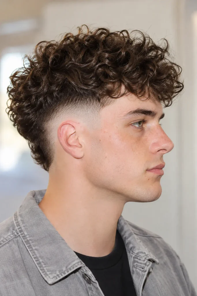 Man with a curly undercut and burst fade, featuring a disconnected voluminous top and sharply separated short sides.