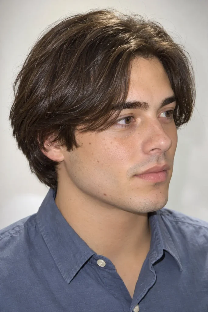 Curtain pageboy haircut for men with a center-parted fringe
