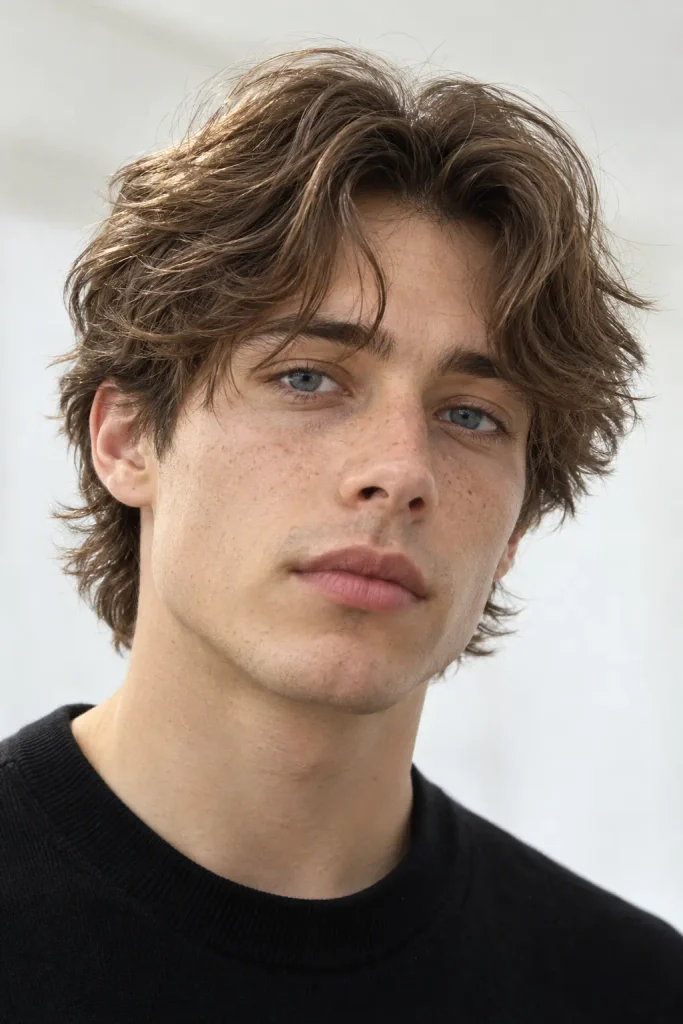 Men's curtain shag haircut with a middle-parted fringe and feathered medium-length layers