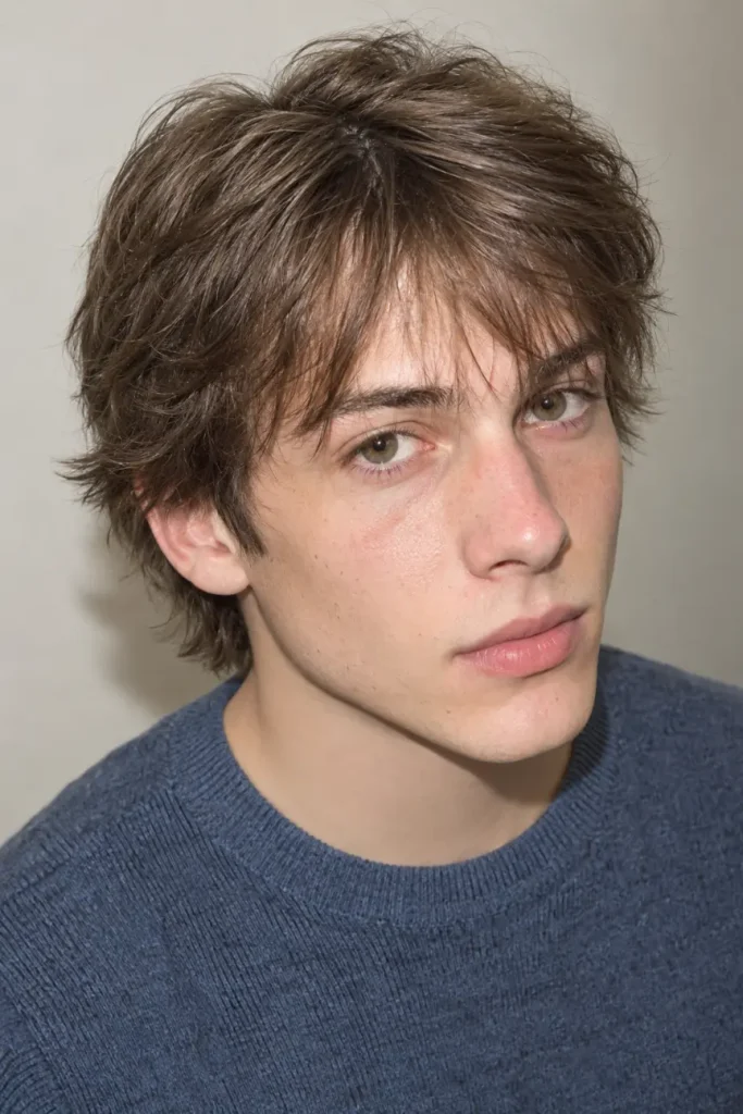 Men's fine hair shag haircut with soft layers, a lifted crown, and fuller-looking ends