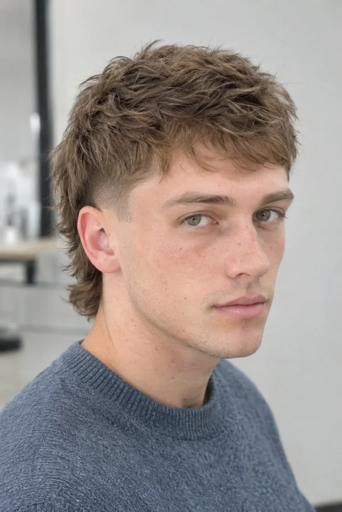 Fine hair burst fade mullet for men with a subtle low fade and a short textured back