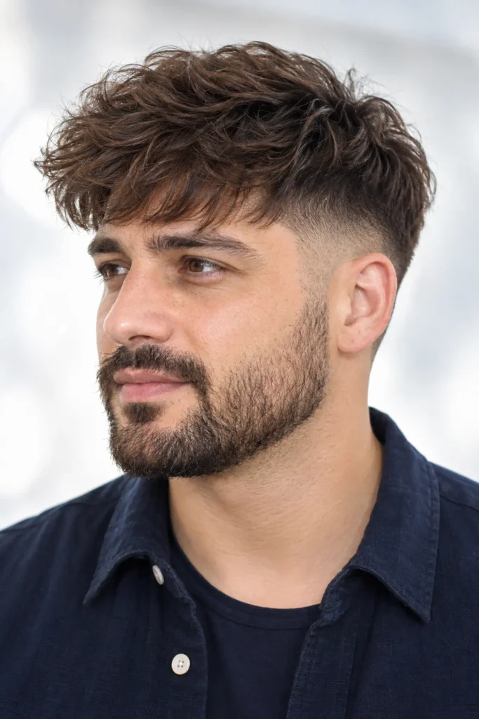 Fluffy fringe with low fade and beard