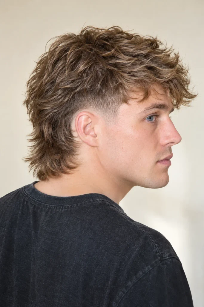 Fluffy fringe burst fade mullet for men