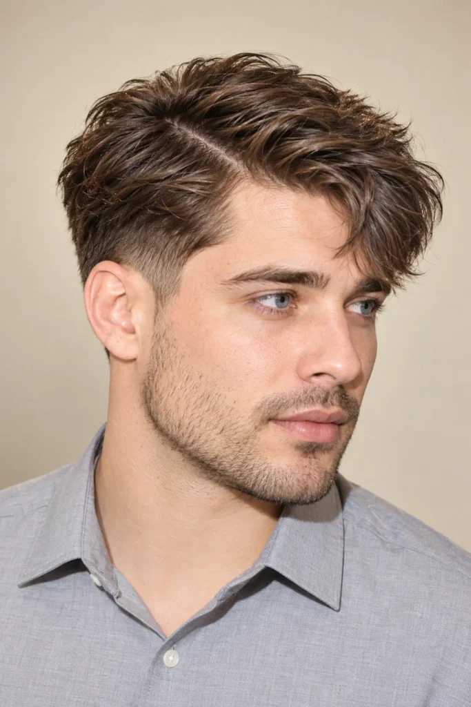 Fluffy fringe haircut with a hard part