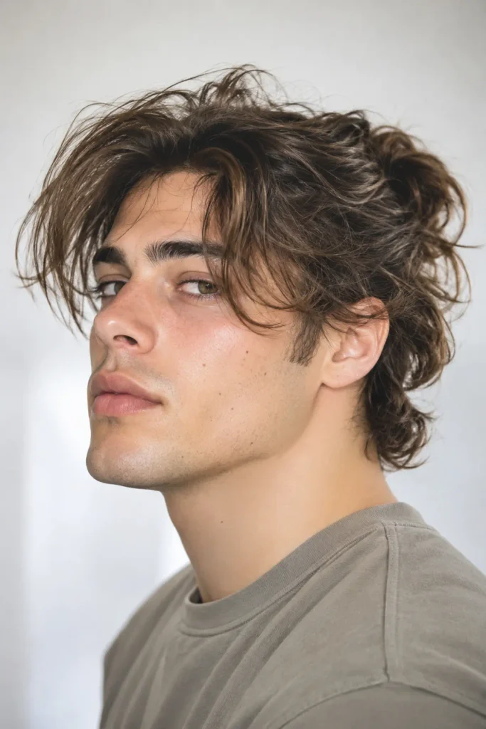 Grown-out fluffy fringe for men
