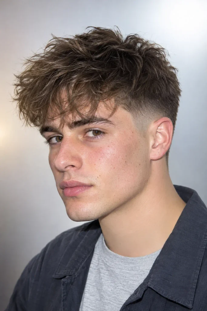 Fluffy fringe haircut with mid fade for men