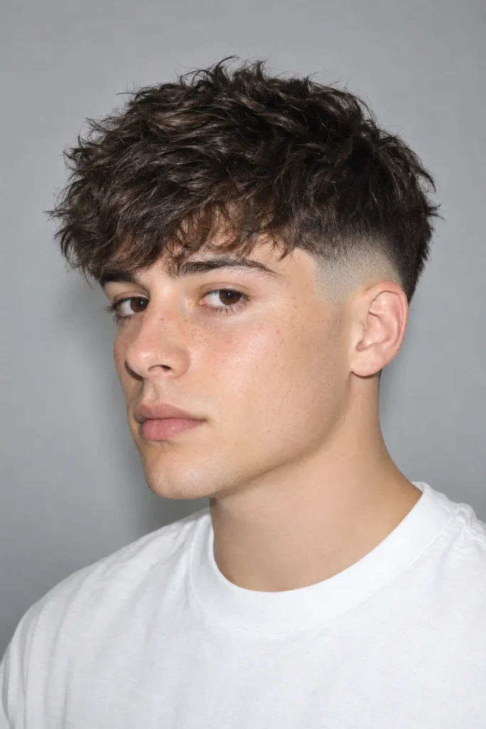 Fluffy fringe haircut with skin fade