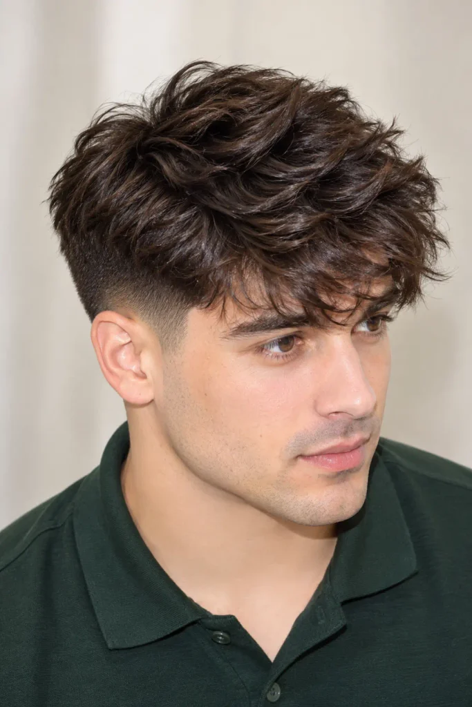 Thick hair fluffy fringe with taper fade
