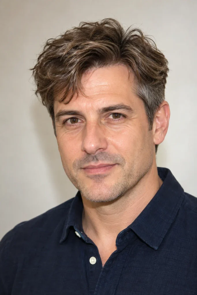 Mature fluffy fringe haircut for older men