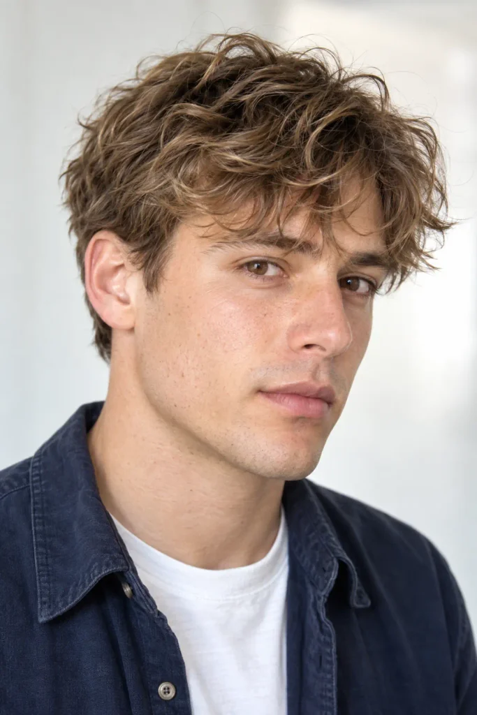 Messy fluffy fringe for wavy hair men