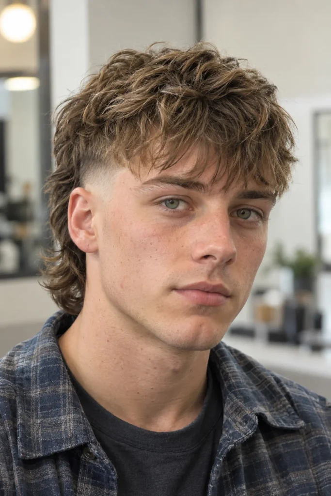Fringe burst fade mullet for men with a textured forward fringe and a layered longer back