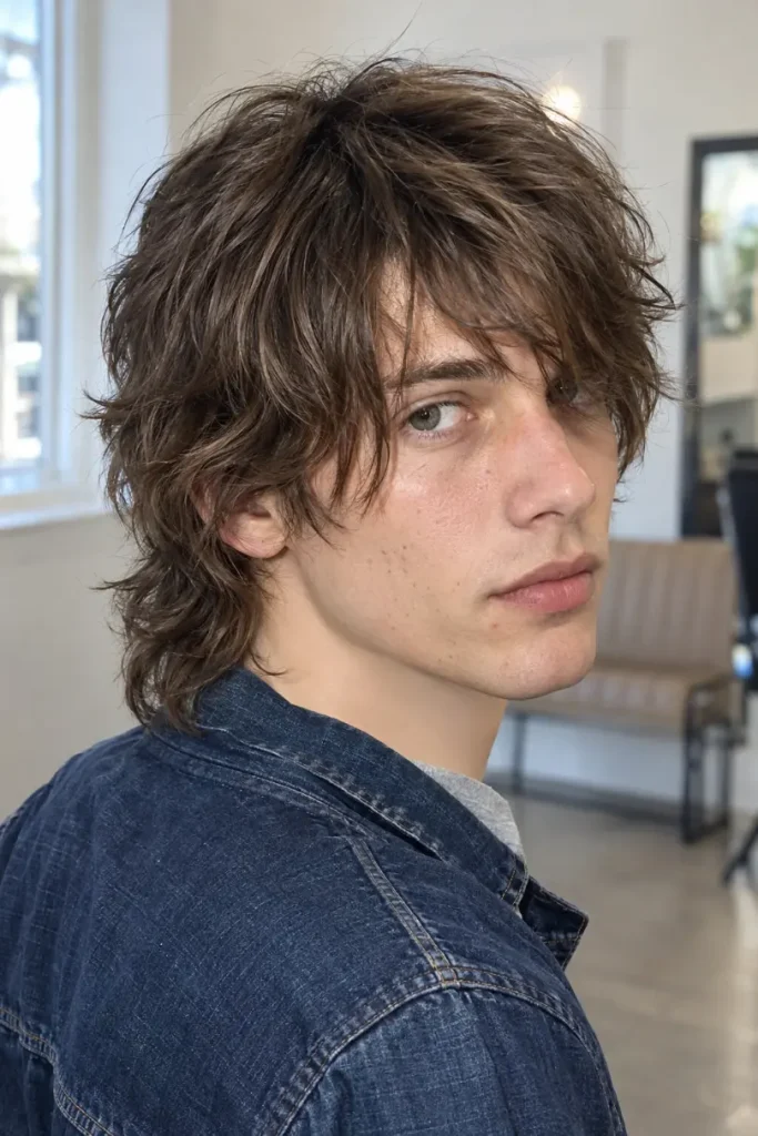 Men's grunge shag haircut with a grown-out fringe, relaxed layers, and shoulderward length