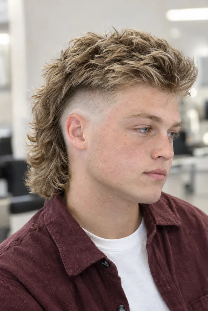 High burst fade mullet for men with short faded sides and a long textured back