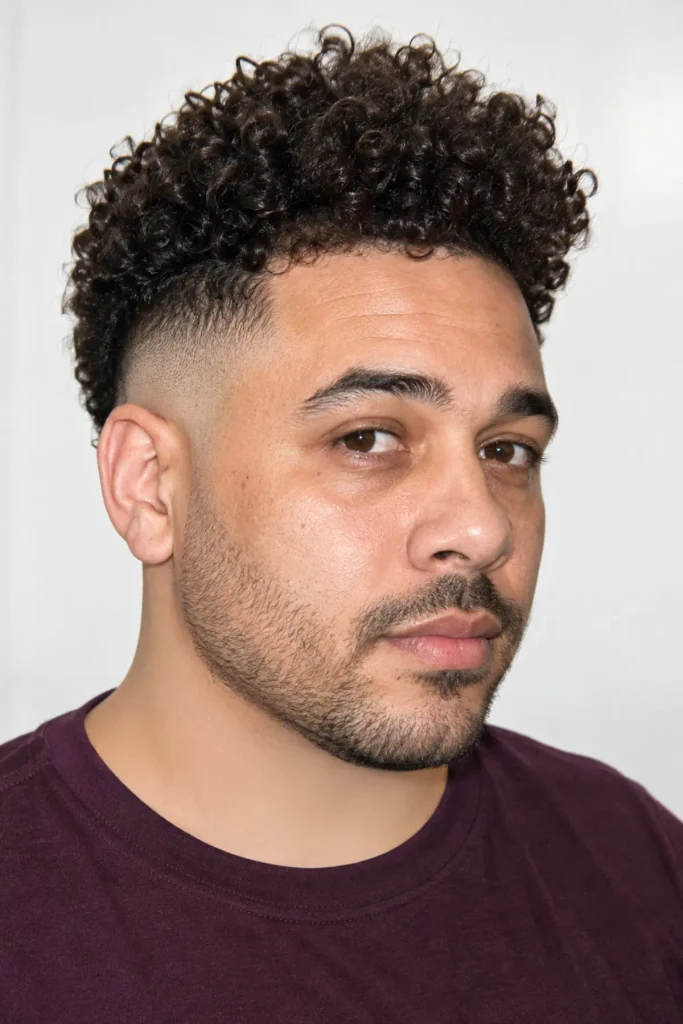 Man with tall voluminous curls and a high burst fade, featuring dramatic height on top and a strong curved fade around the ears.