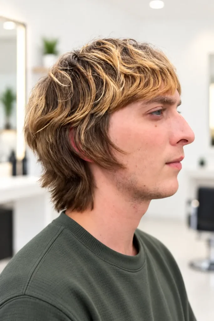 Men's highlighted shag haircut with caramel-blond accents, layered texture, and feathered ends