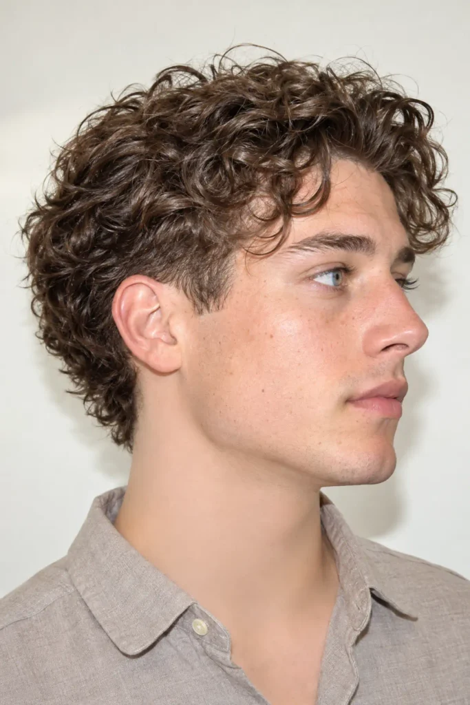 Man with long natural curls on top and a low burst taper, featuring soft faded sides and full, moisture-defined curls.
