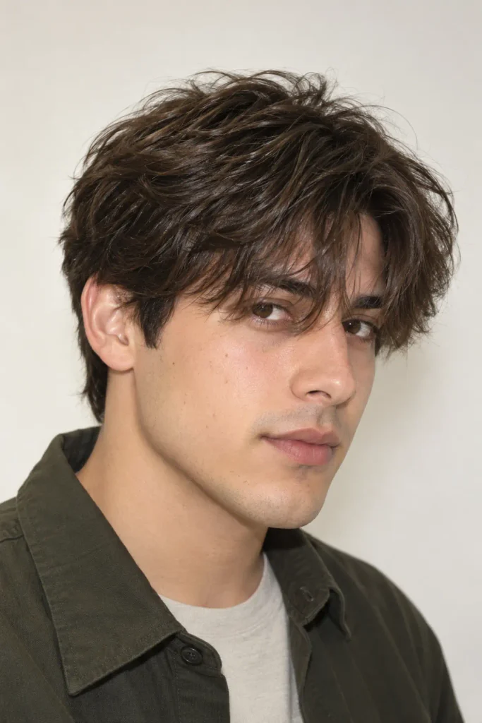 Long fluffy fringe hairstyle for men