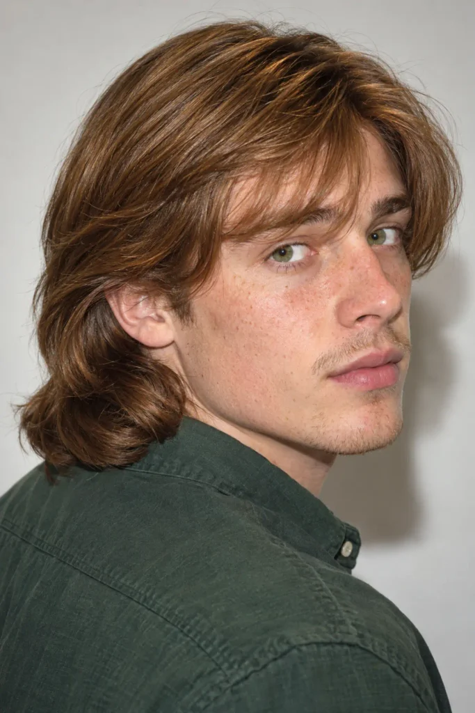 Long Prince Valiant pageboy haircut for men with collar-length hair