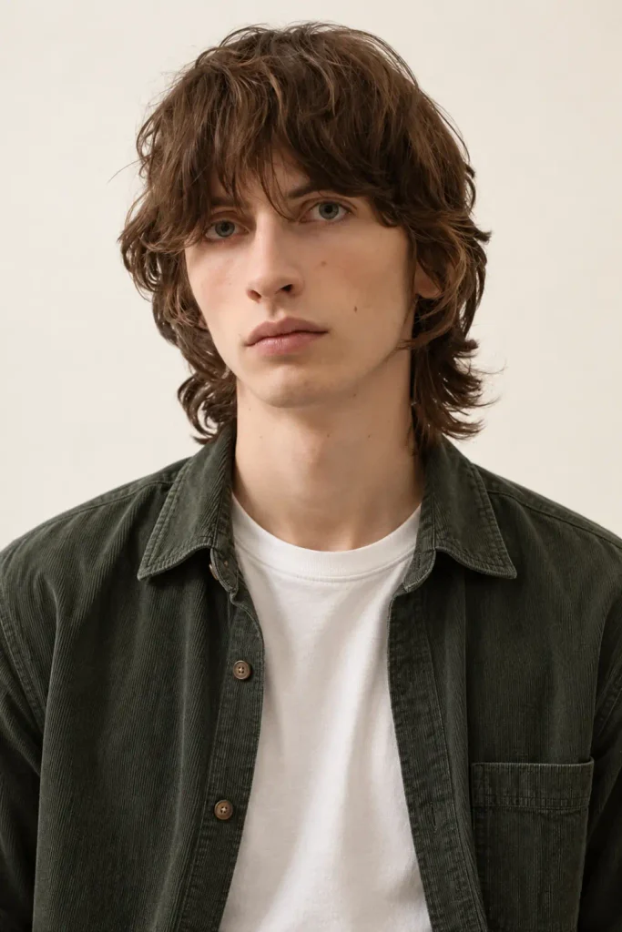 Men's long shag haircut with shoulder-length layers, wavy texture, and feathered ends
