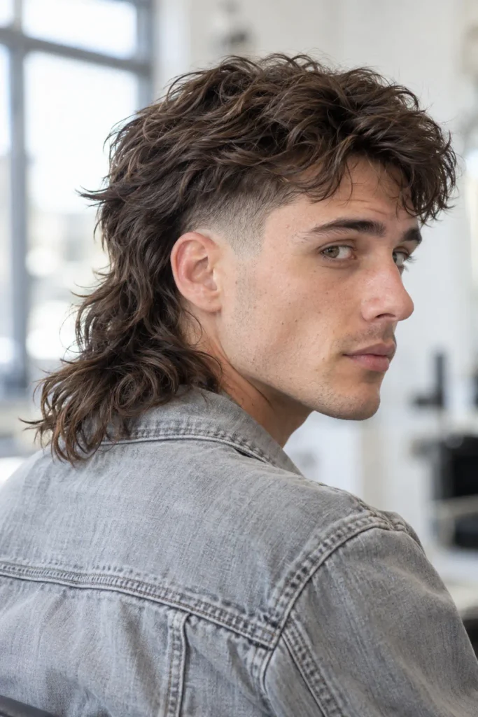 Long shaggy burst fade mullet for men with feathered layers and a longer back below the collar