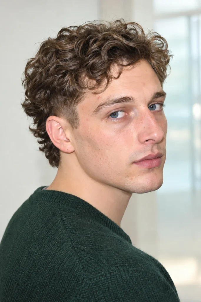 Man with loose wavy curls and a low burst fade, featuring natural volume on top and longer curly hair at the nape.