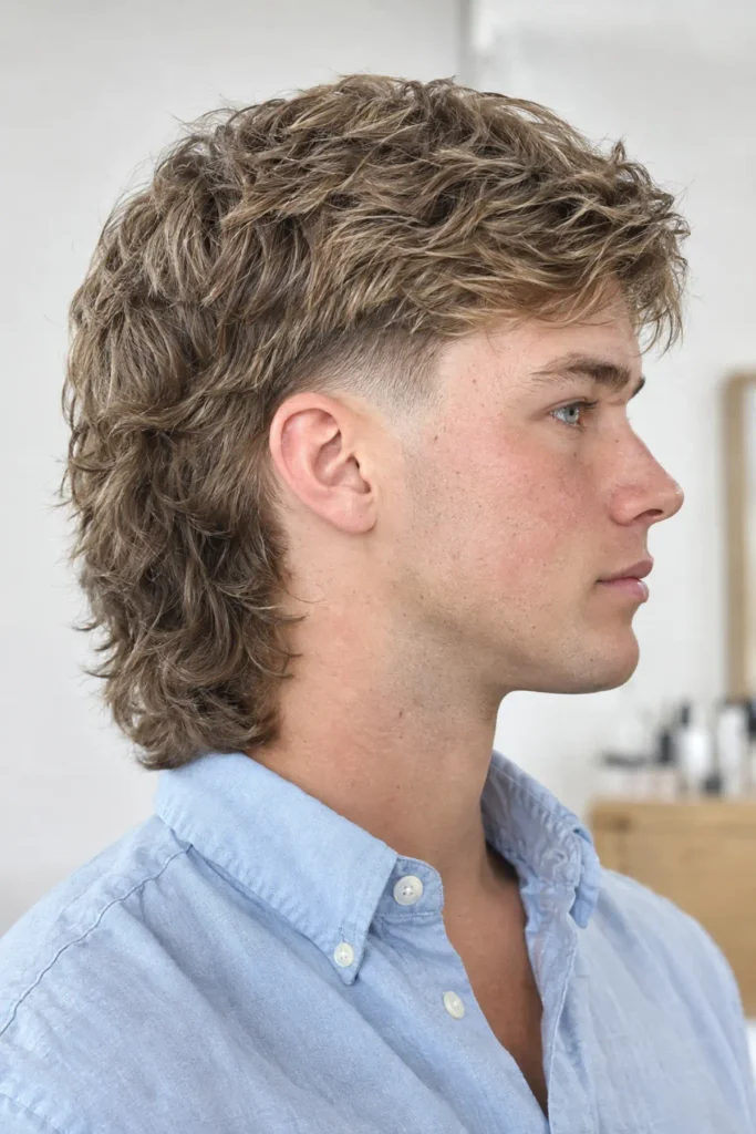 Low burst fade mullet for men with a soft ear hugging fade and medium length back