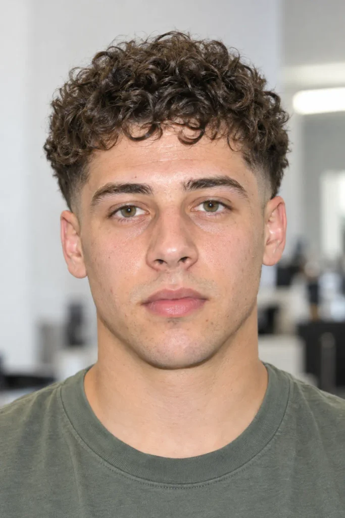 Man with a low burst fade and short curly crop haircut, featuring neat curls on top and a subtle curved fade around the ears.