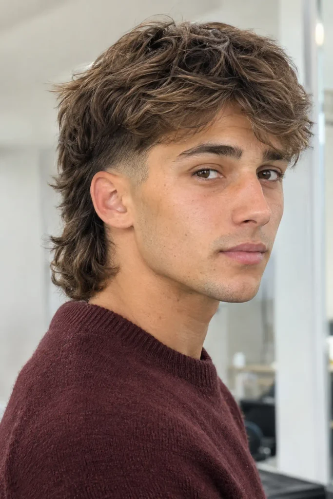 Medium length burst fade mullet for men with textured top hair and a collar length back