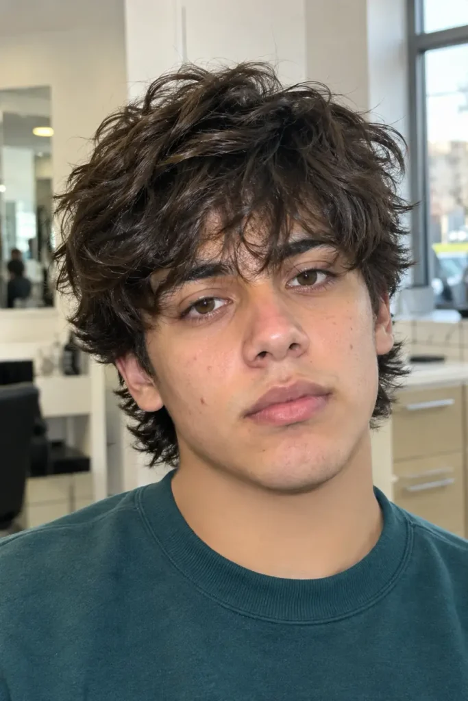Men's messy shag haircut with tousled layers, a broken fringe, and natural volume