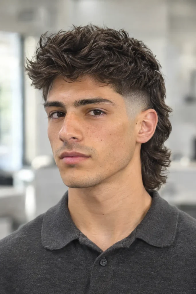 Mid burst fade mullet haircut for men with textured hair on top and a defined curved fade
