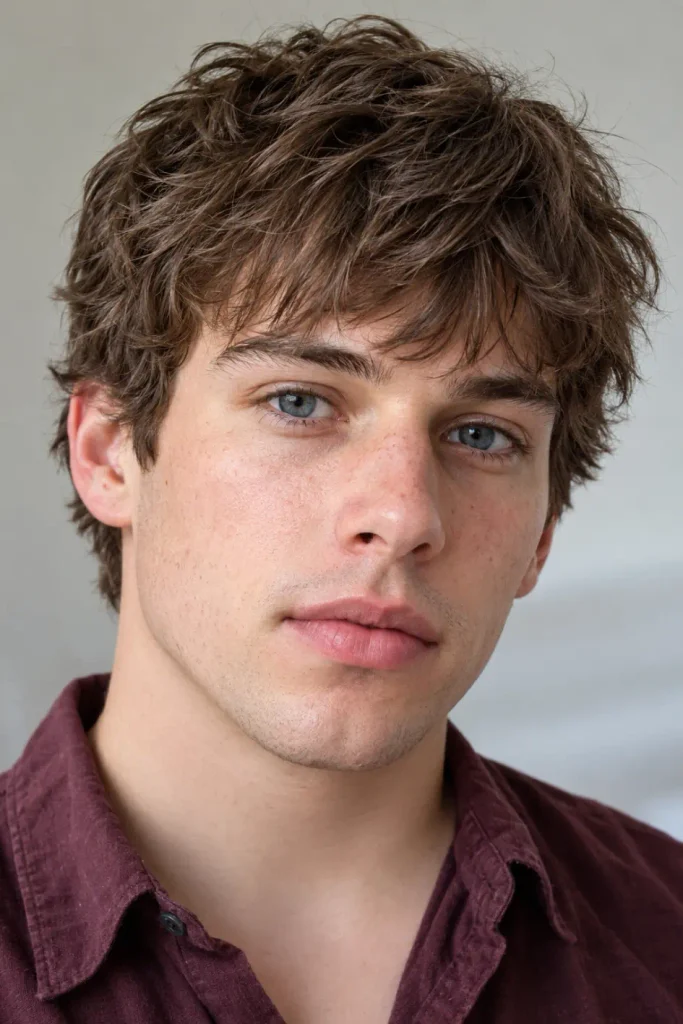 Modern short shag haircut for men with textured crown layers and a soft fringe
