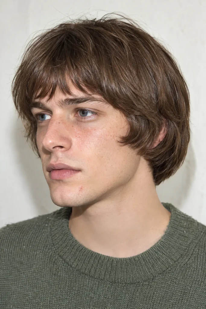 Modern soft pageboy haircut for men with textured ends and a wispy fringe