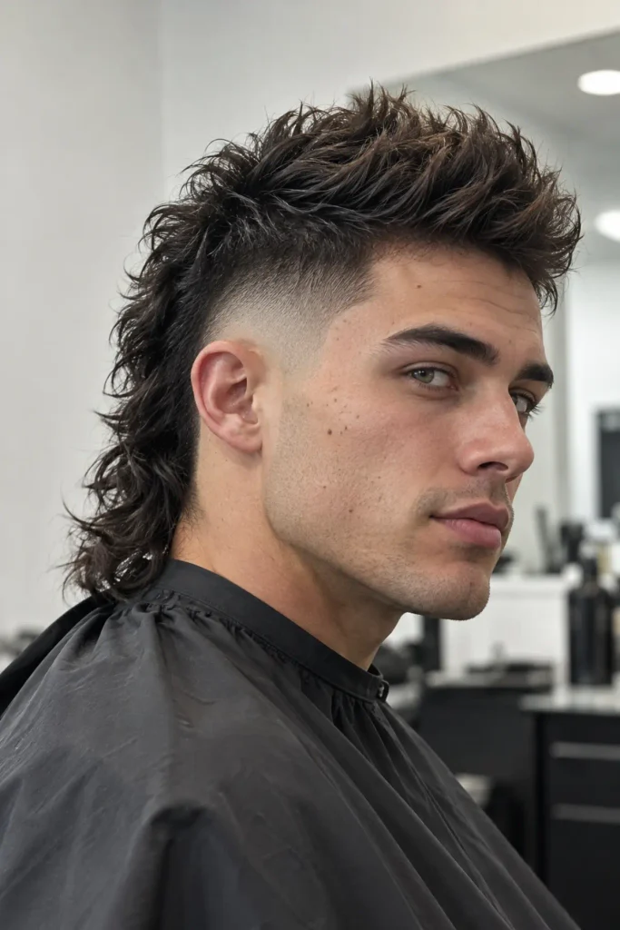 Mohawk burst fade mullet for men with a raised center strip and a long connected back