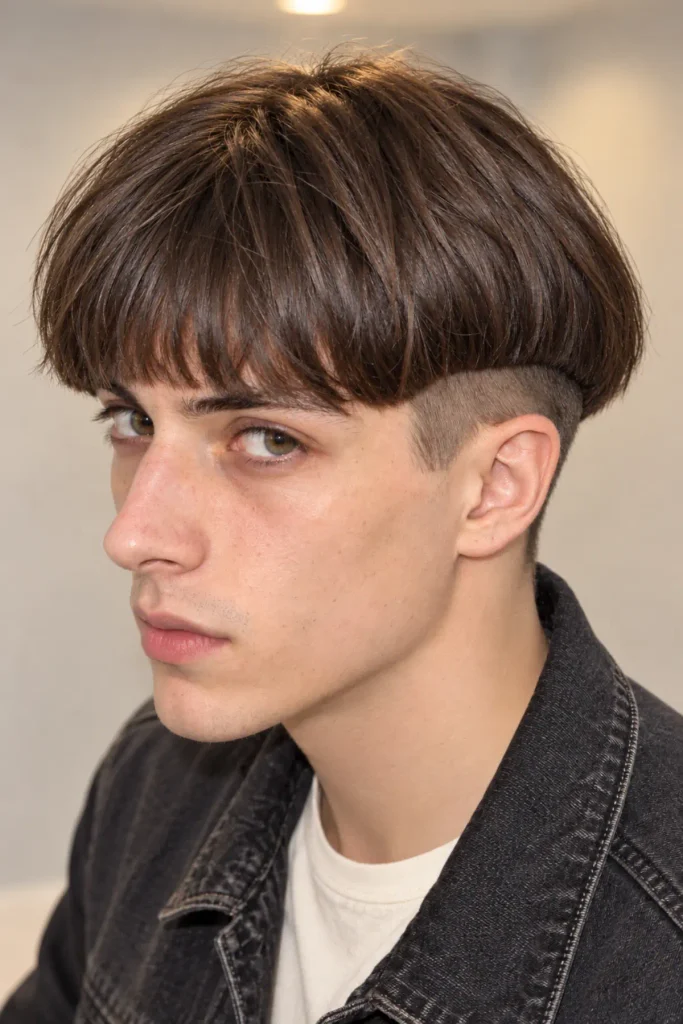 Pageboy haircut for men with a disconnected undercut and long rounded top